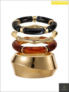 Chunky Acrylic Stretch Bangle Bracelet Set Gold Plated Bamboo Open Bangle Women